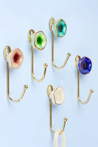Tiffity Hand-Painted Ceramic Wall Hook in Crackle Glaze with Brass
