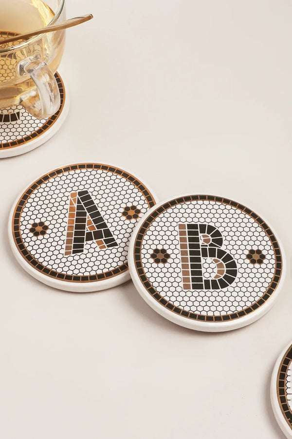 British Pub Tile Black and Gold Personalised Monogram Coasters
