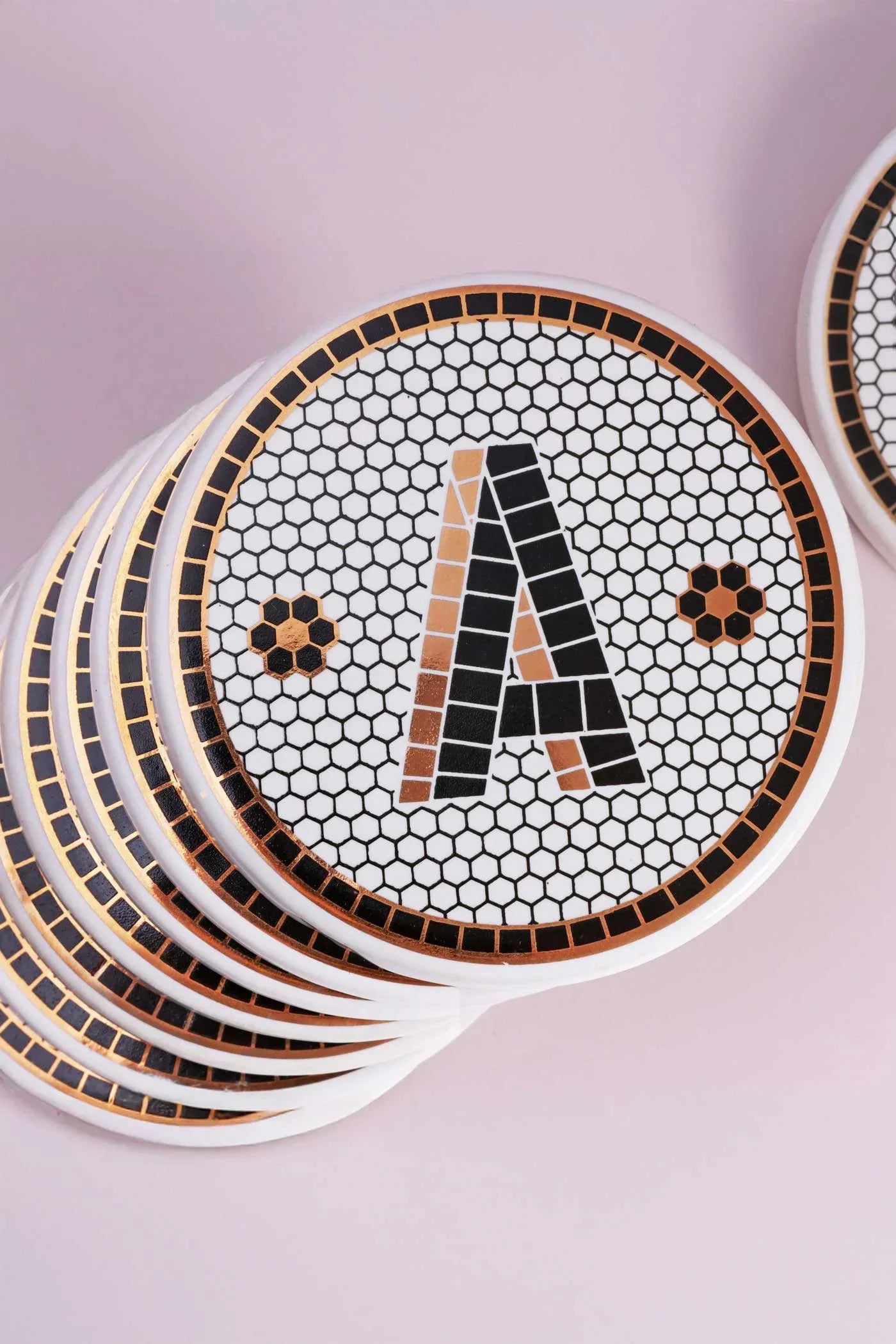 Traditional British Pub Black &amp; Gold Tile Monogram Coasters Alphabet Initial Edition - G Decor