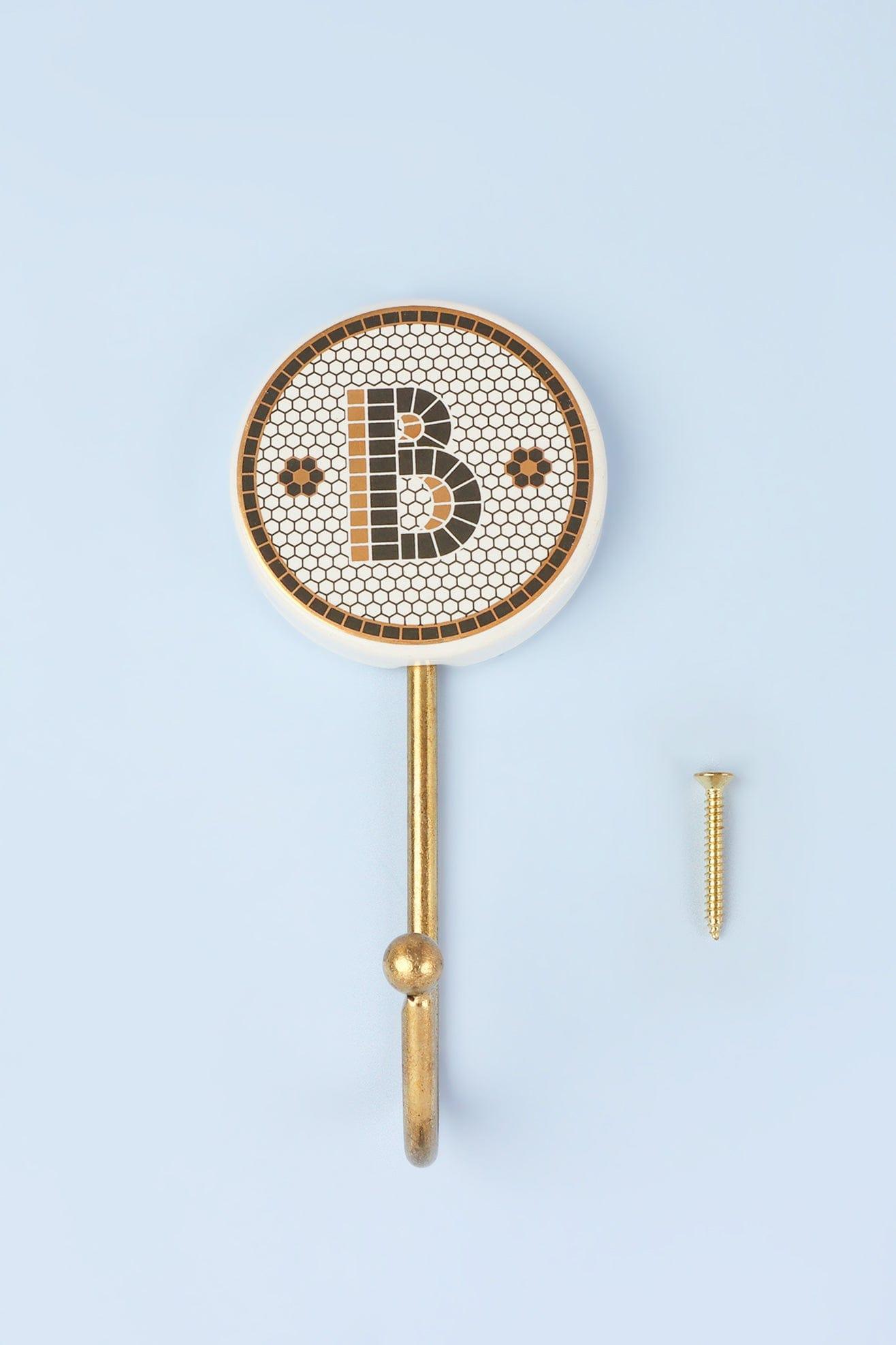 Traditional British Pub Tile Monogram Wall Hook Black & Gold Alphabet Initial Hook - G Decor