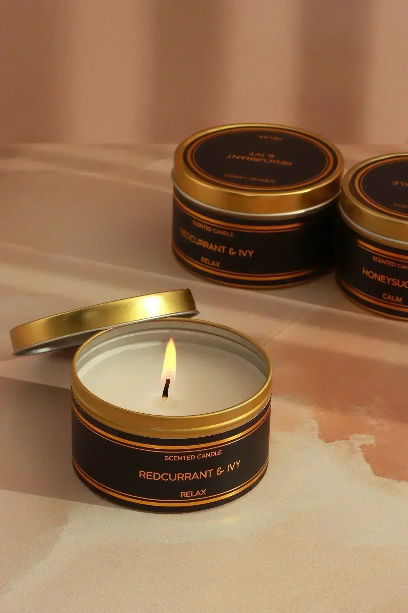 Tranquessence Scented Tin Candle in Black and Gold — alternate view, G Decor