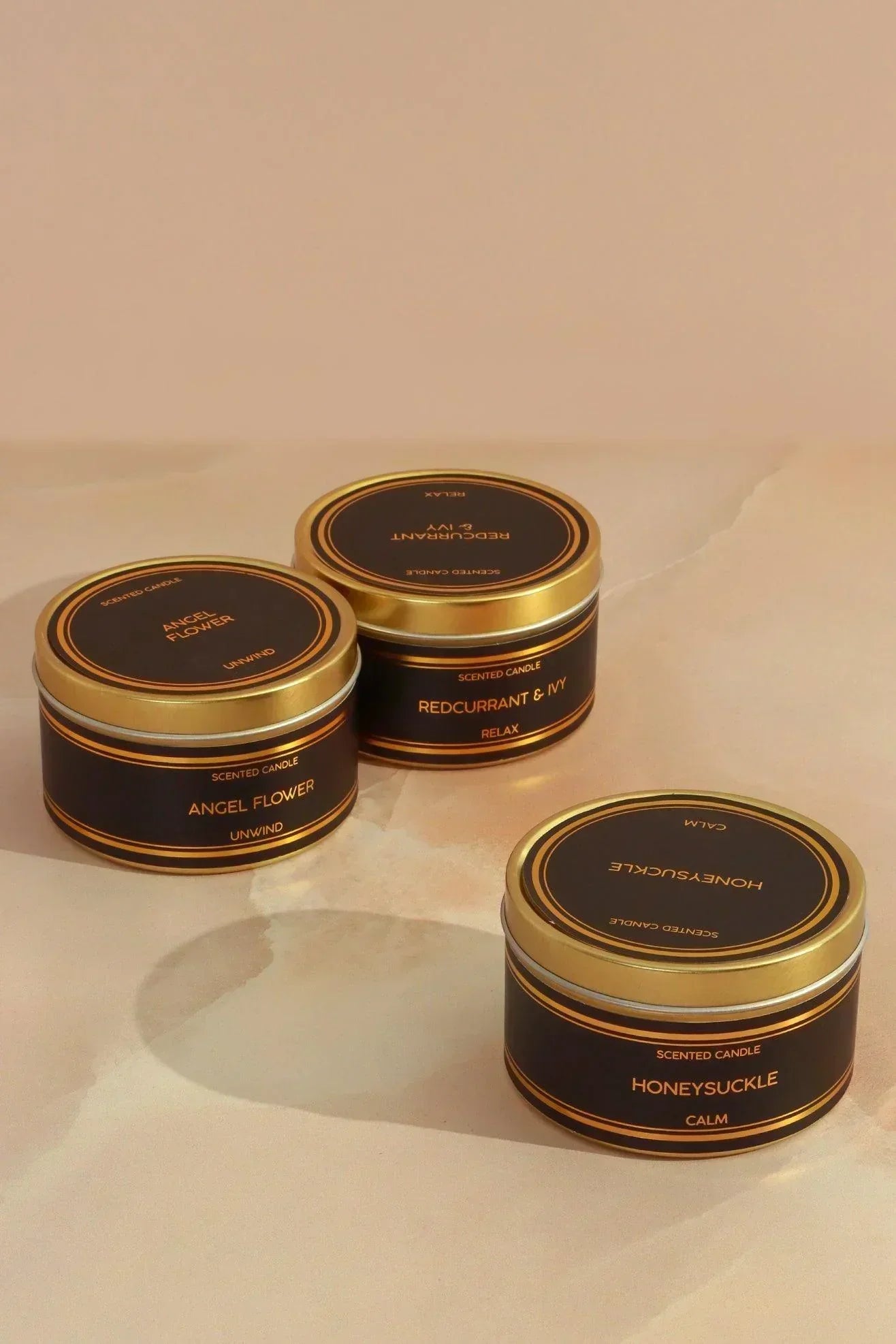 Tranquessence Mood Scented Large Candle Collection Black &amp; Gold Tin Candle in Angel Flower, Honeysuckle or Blackcurrant &amp; Ivy - G Decor
