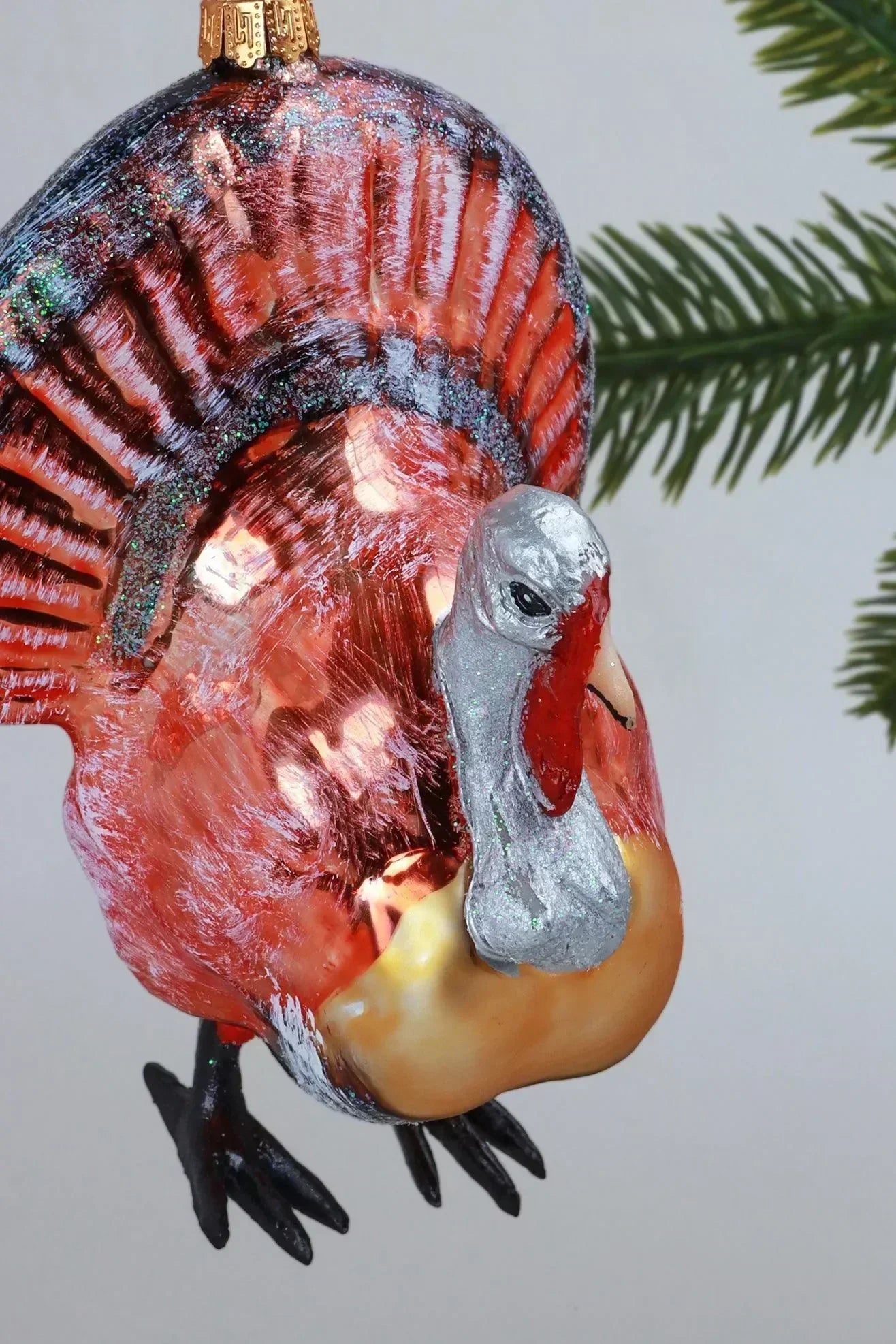Hand-Painted Golden Turkey Plumage Glass Christmas Bauble — alternate view, G Decor
