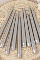 Velaré Silver Glow Tall Opaline Taper Candles — close-up view, G Decor