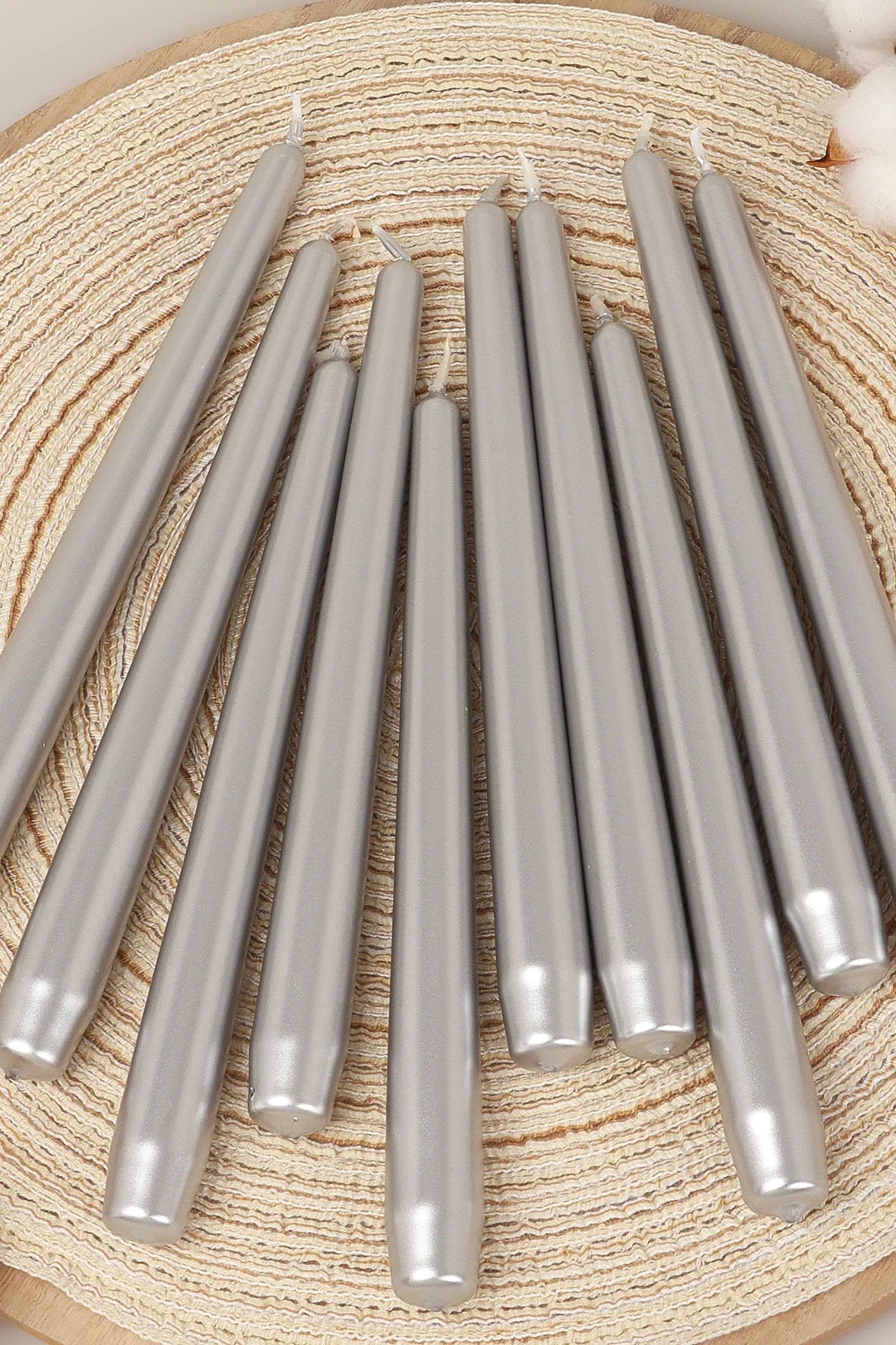 Velaré Silver Glow Tall Opaline Taper Candles — close-up view, G Decor