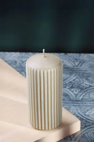 Velluto Bianco Sculpted Cream Ribbed Pillar Candle in a Velvet Matte Finish - G Decor