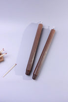Velluto Marrone Pair of Dark Chocolate Ribbed Velvet Taper Candles — close-up view, G Decor