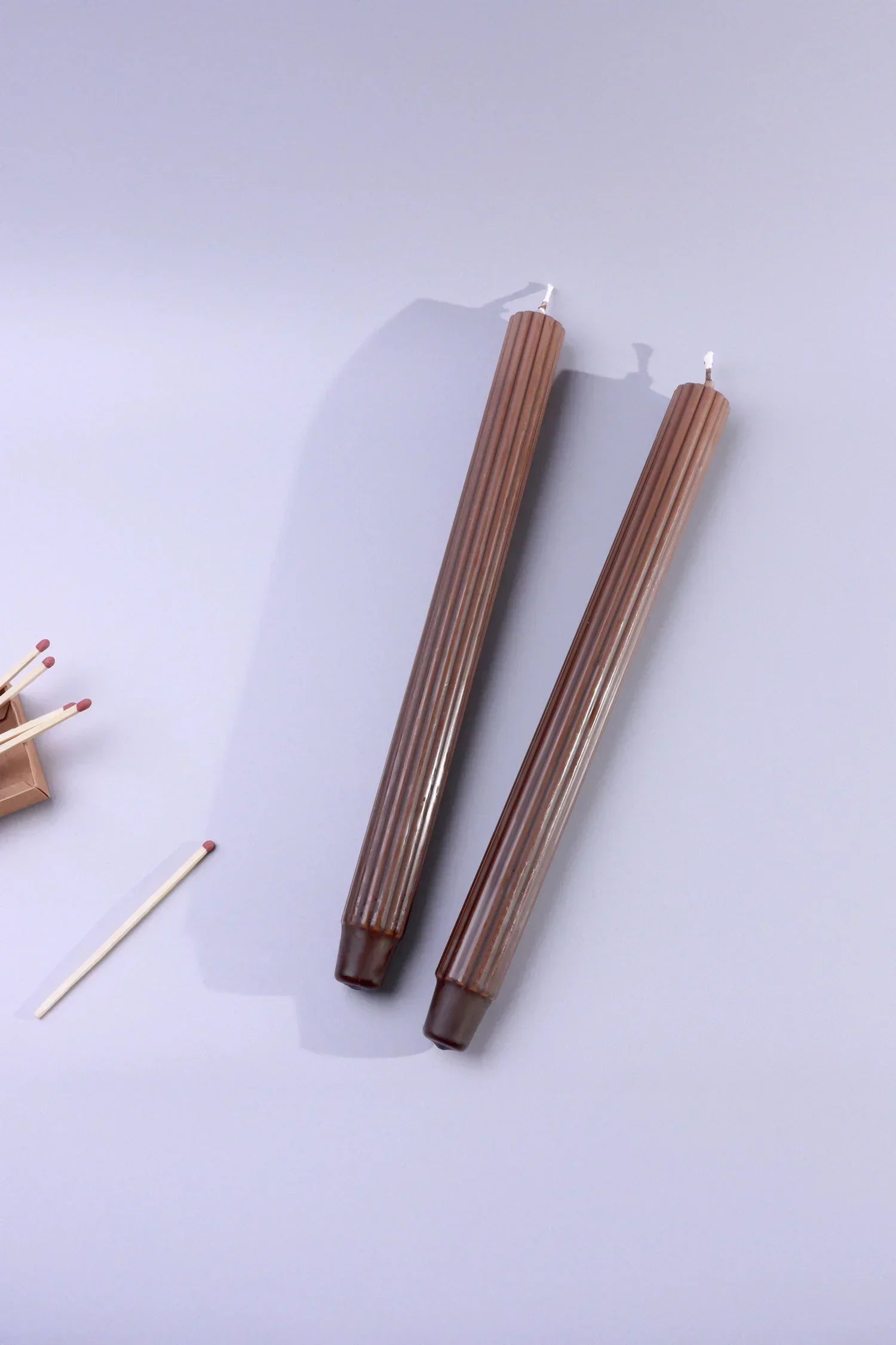 Velluto Marrone Pair of Dark Chocolate Ribbed Velvet Taper Candles — close-up view, G Decor