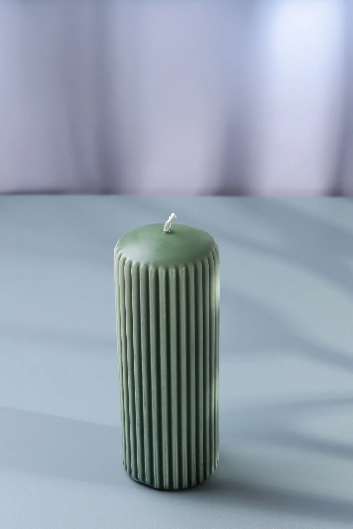 Velluto Oliva Sculpted Olive Green Ribbed Pillar Candle in a Velvet Matte Finish - G Decor