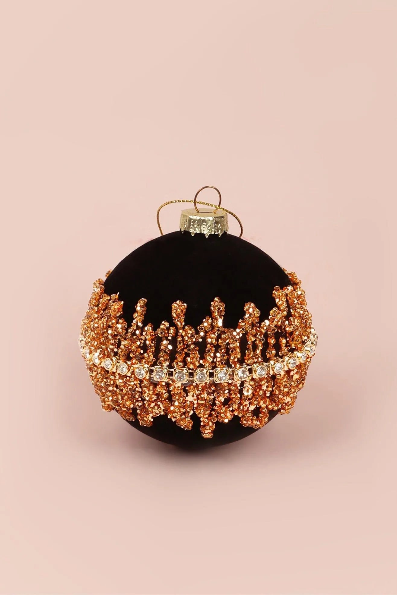 Velvet Black Manor Christmas Bauble with Hand-Applied Gold Net and Gemstones — close-up view, G Decor