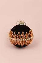 Velvet Black Manor Christmas Bauble with Hand-Applied Gold Net and Gemstones — close-up view, G Decor