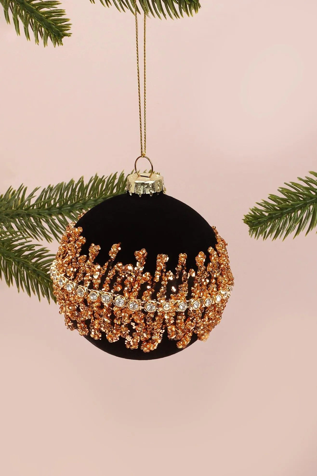 Velvet Black Manor Christmas Bauble with Hand-Applied Gold Net and Gemstones — alternate view, G Decor