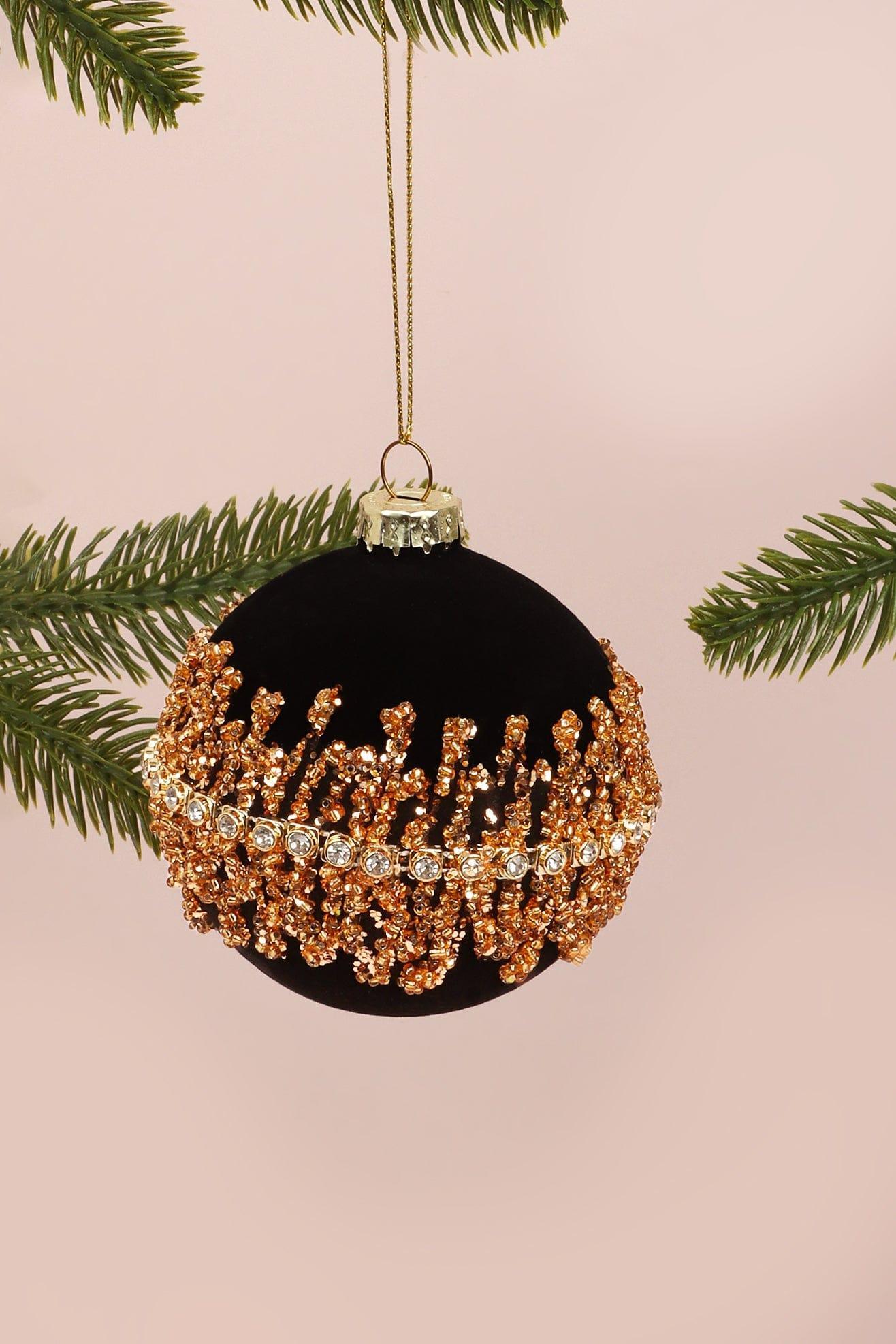 Velvet Black Manor Winter Legend Bauble Gold Net Hand-Applied & Gemstone Hanging Christmas Ornament - G Decor