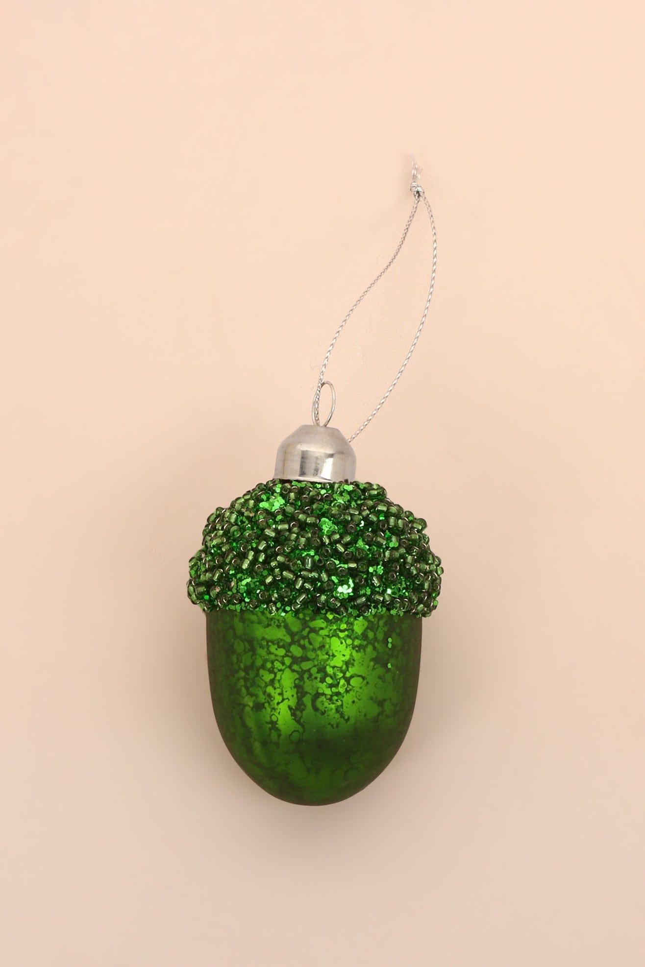 G Decor Christmas Decorations Green Vibrant Glittery Glass Acorn Christmas Tree Ornaments