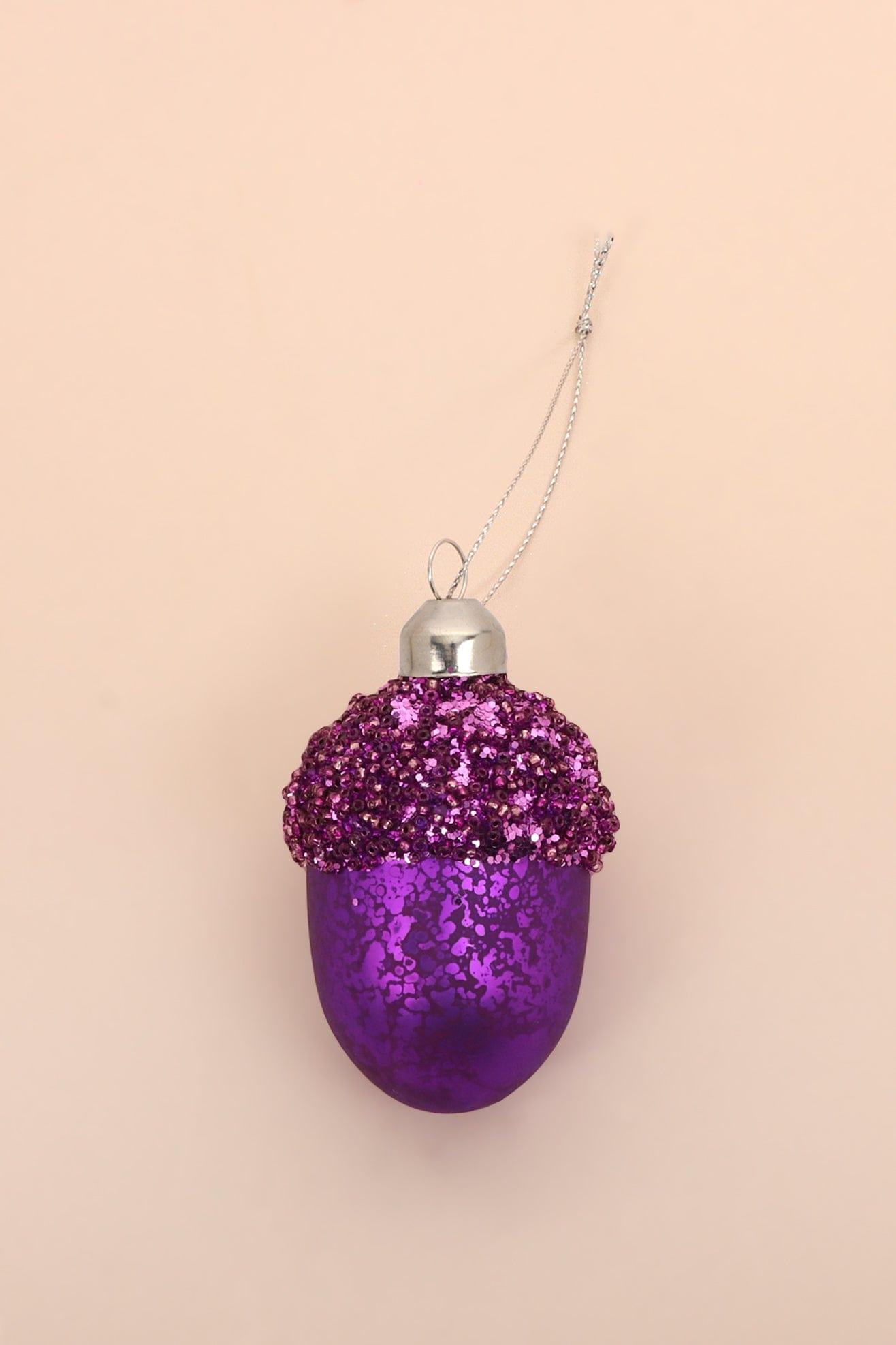 G Decor Christmas Decorations Purple Vibrant Glittery Glass Acorn Christmas Tree Ornaments