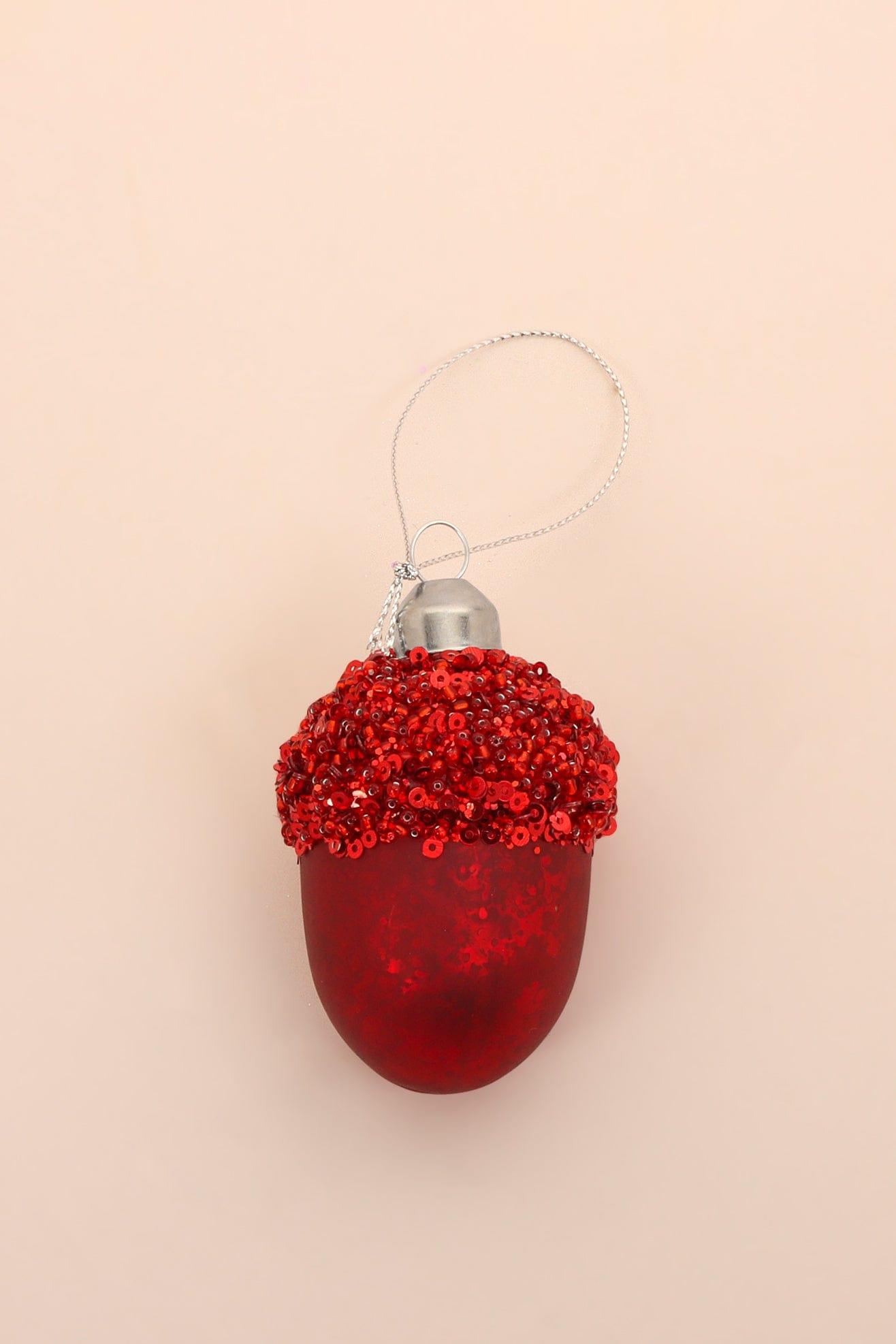 G Decor Christmas Decorations Red Vibrant Glittery Glass Acorn Christmas Tree Ornaments