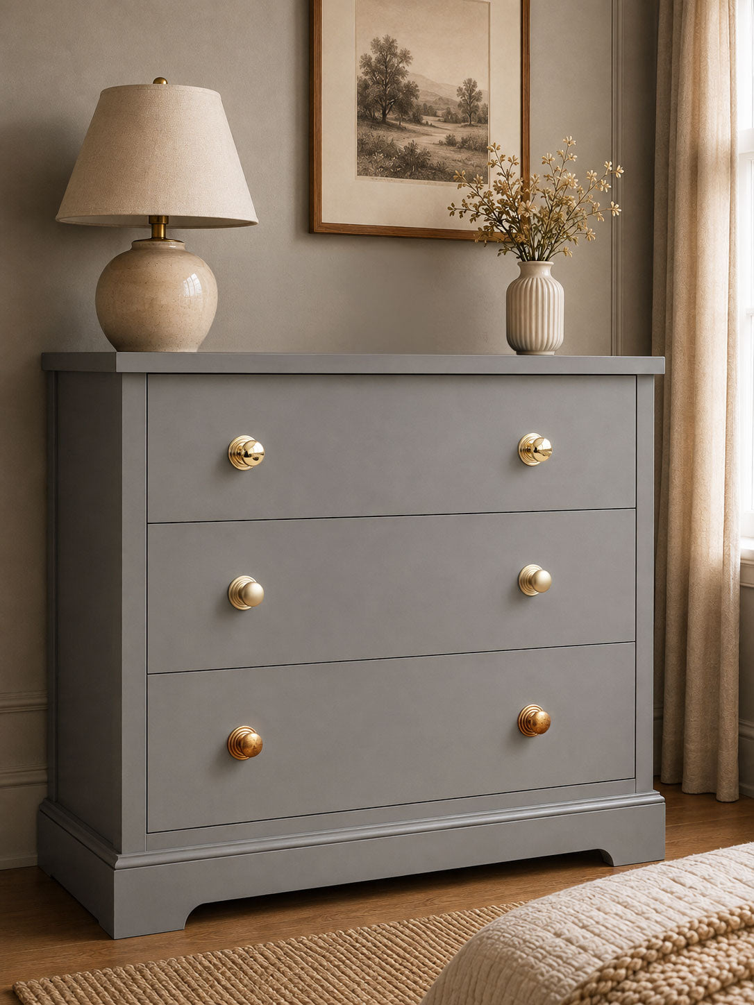 Victorian brass cabinet knobs fitted to a grey painted chest of drawers