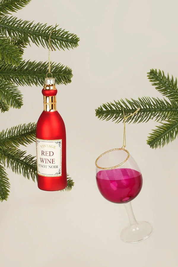 Vino Celebration Red Wine Bottle and Glass Christmas Tree Baubles