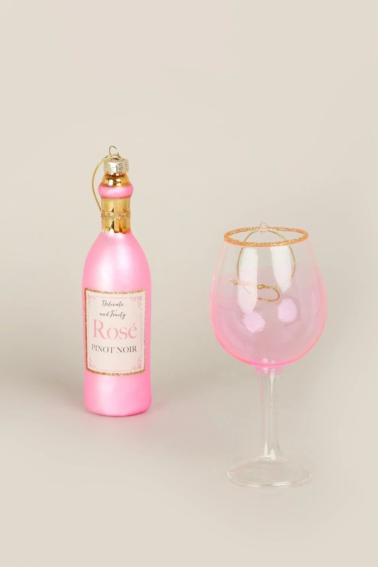 Vino Celebration Rosé Wine Bottle and Glass Christmas Tree Baubles — alternate view, G Decor