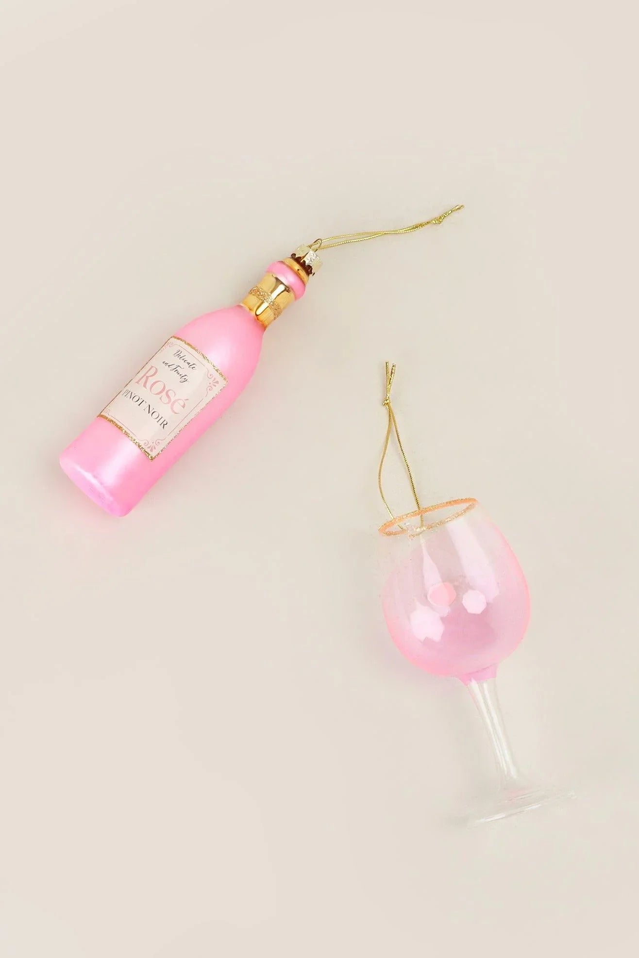 Vino Celebration Rosé Wine Bottle and Glass Christmas Tree Baubles — close-up view, G Decor