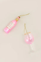 Vino Celebration Rosé Wine Bottle and Glass Christmas Tree Baubles — close-up view, G Decor