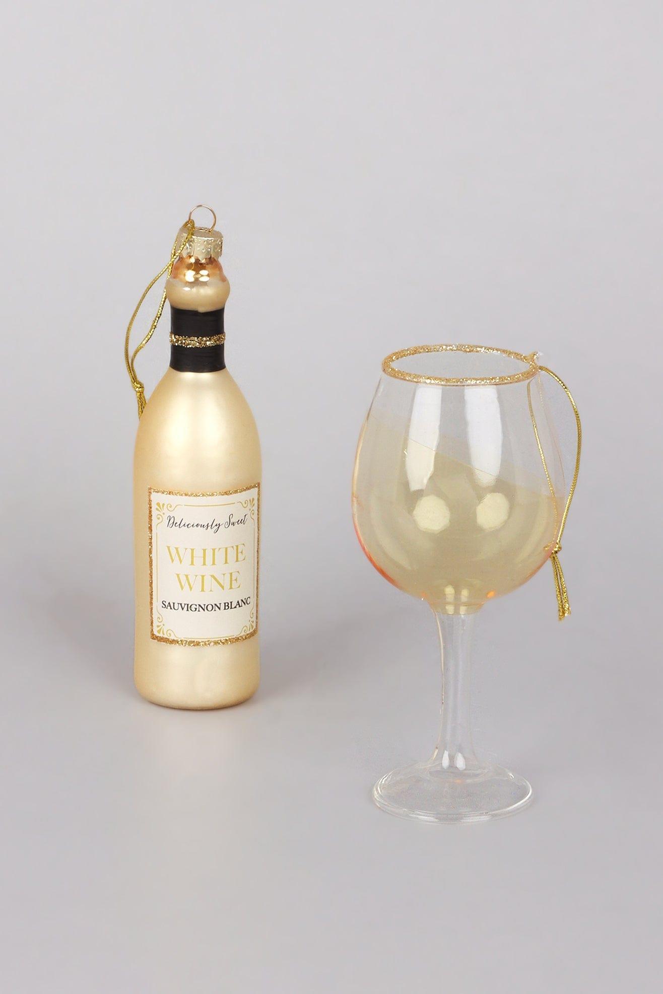 Vino Celebration Set of White Wine Bottle & Glass Hand-Finished Christmas Tree Decorations Festive Hanging Ornaments - G Decor