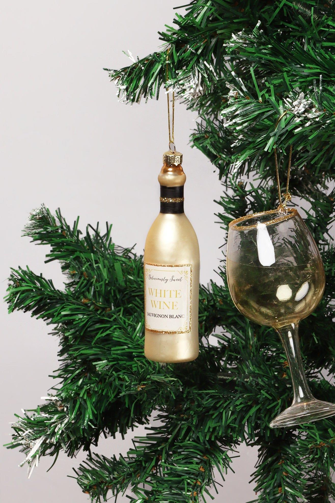 Vino Celebration Set of White Wine Bottle & Glass Hand-Finished Christmas Tree Decorations Festive Hanging Ornaments - G Decor
