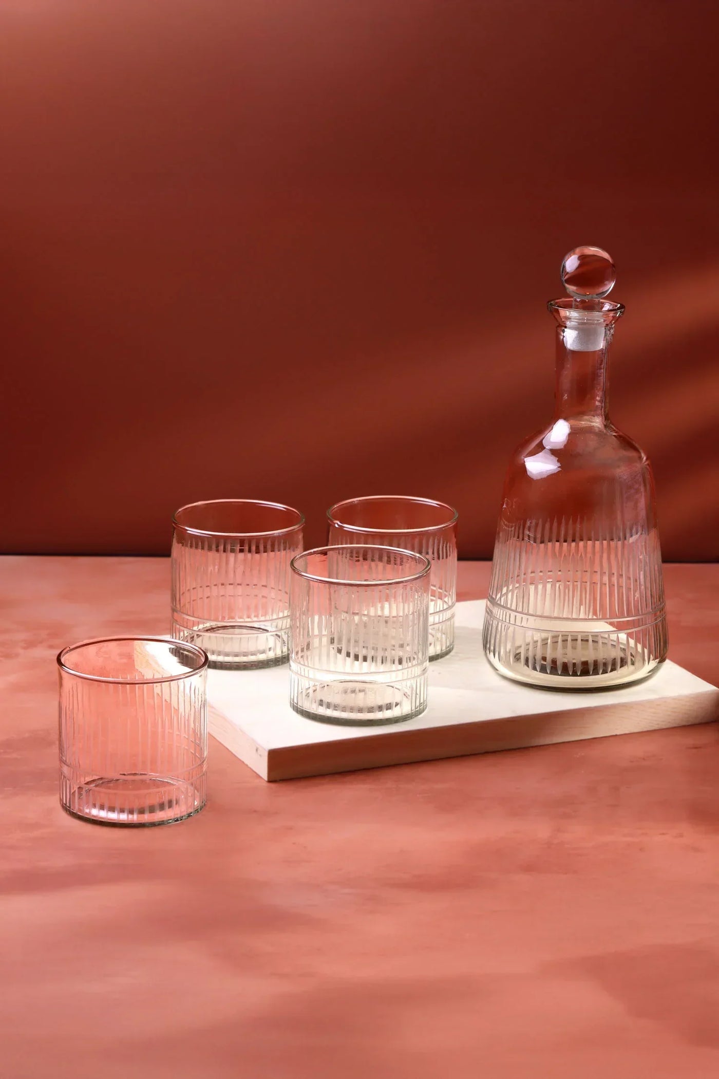 Virelle Hand-Engraved Glass Tumblers or Decanter Set of 4