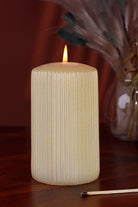 Vellure Ribbed Pillar Candle in Sandstone Yellow — lifestyle view, G Decor