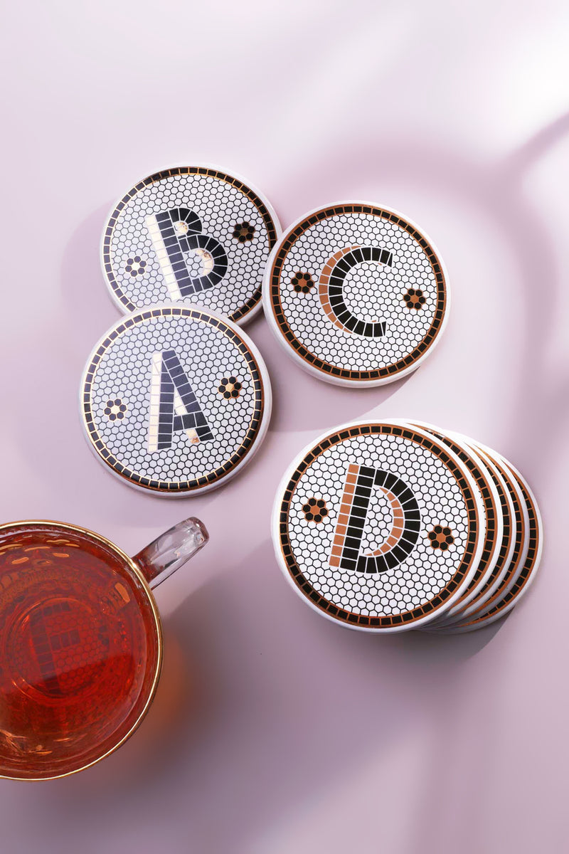 British Pub Tile Black and Gold Personalised Monogram Coaster — Sold Individually