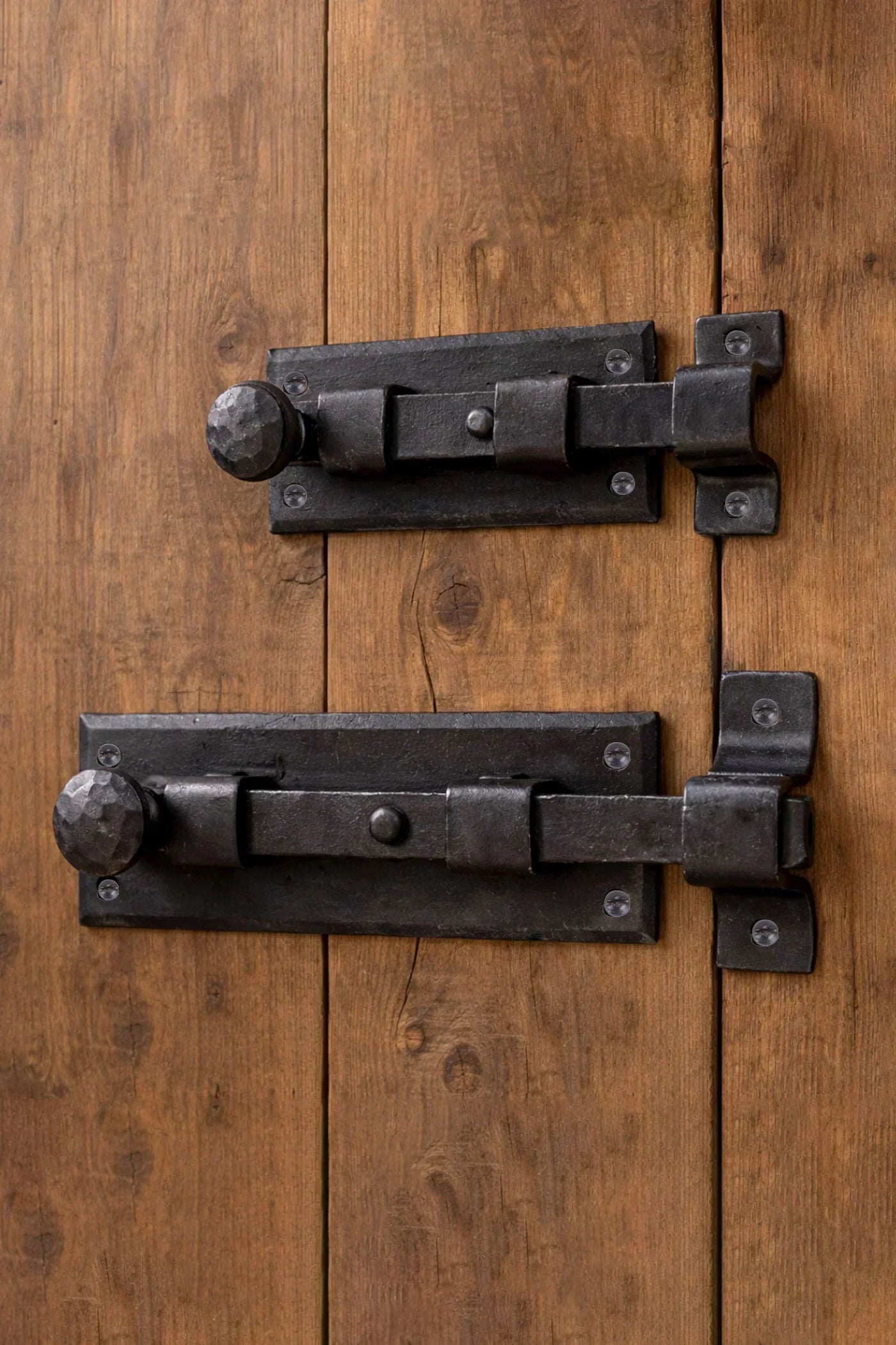 Hand-Forged Hammered Iron Sliding Door Bolt in Beeswax Finish