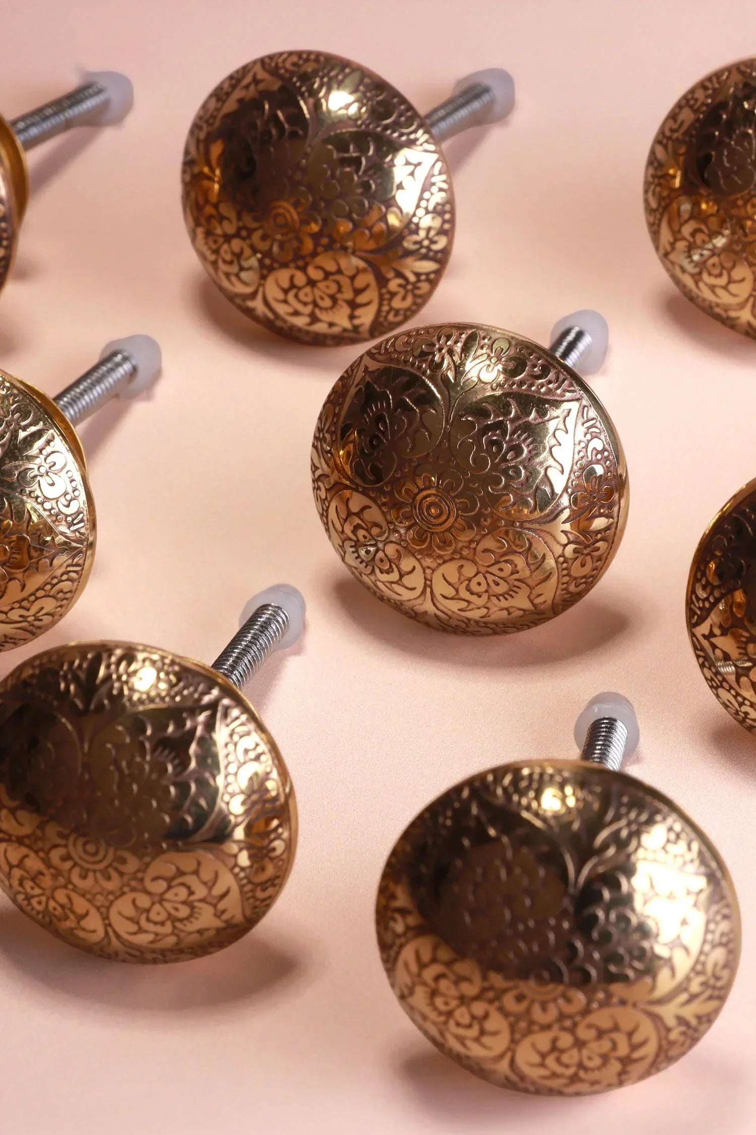 Mughal Floral Engraved Brass Cabinet Knobs Set of 8 — alternate view, G Decor