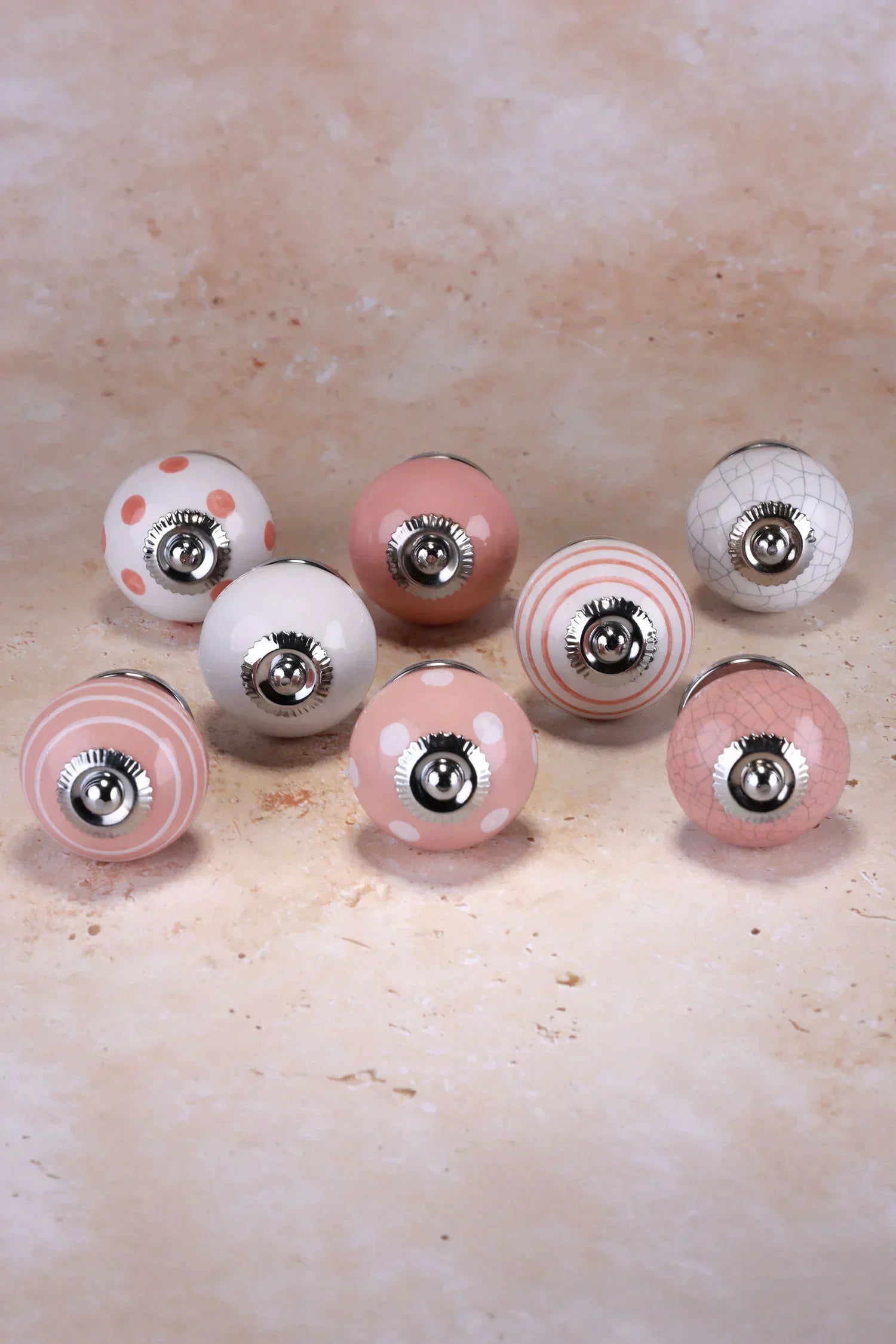 Pastel Pink Hand-Painted Ceramic Cabinet Knobs Set of 8 — close-up view, G Decor