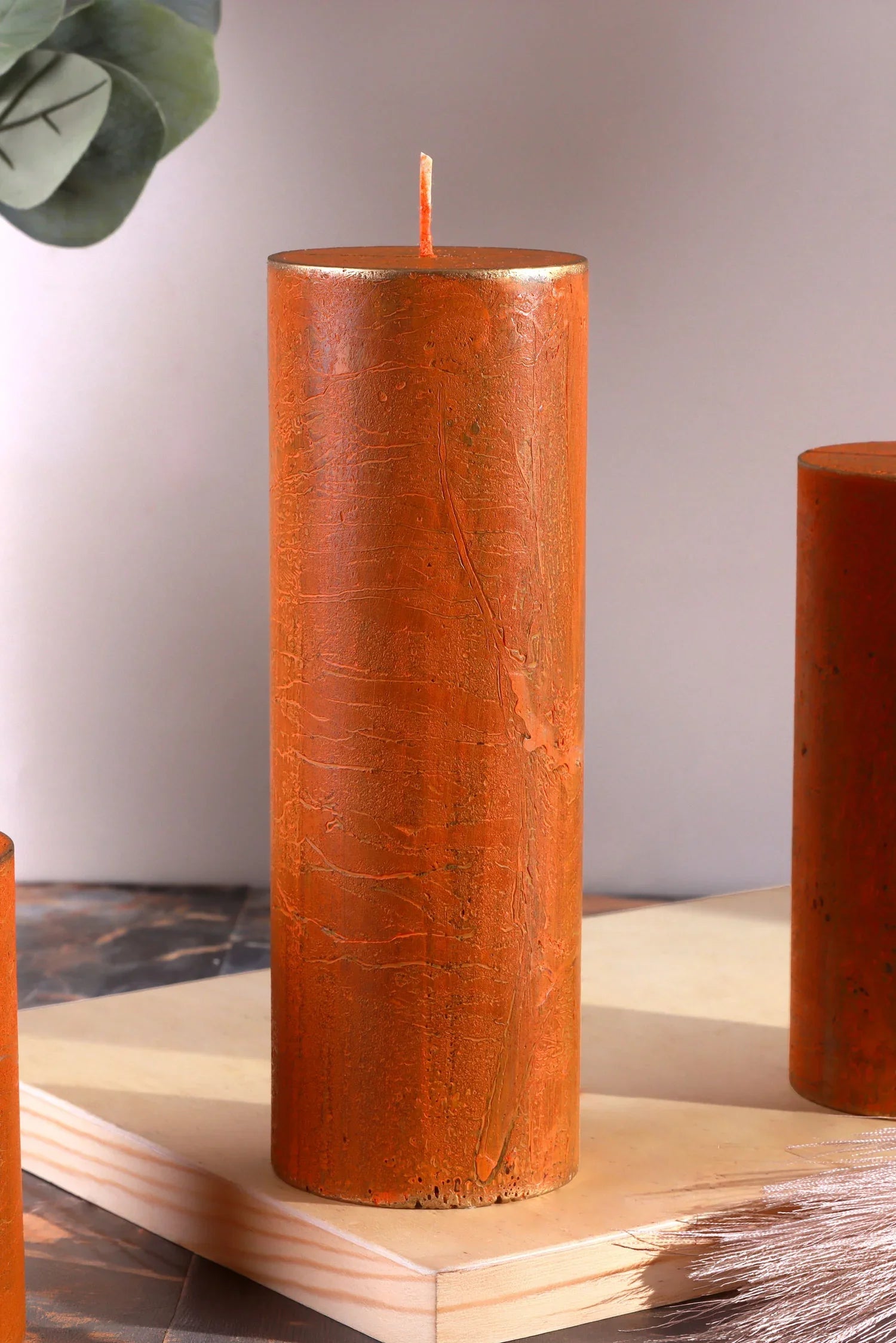 Fern Amberstone and Gold Hand-Finished Pillar Candle — close-up view, G Decor