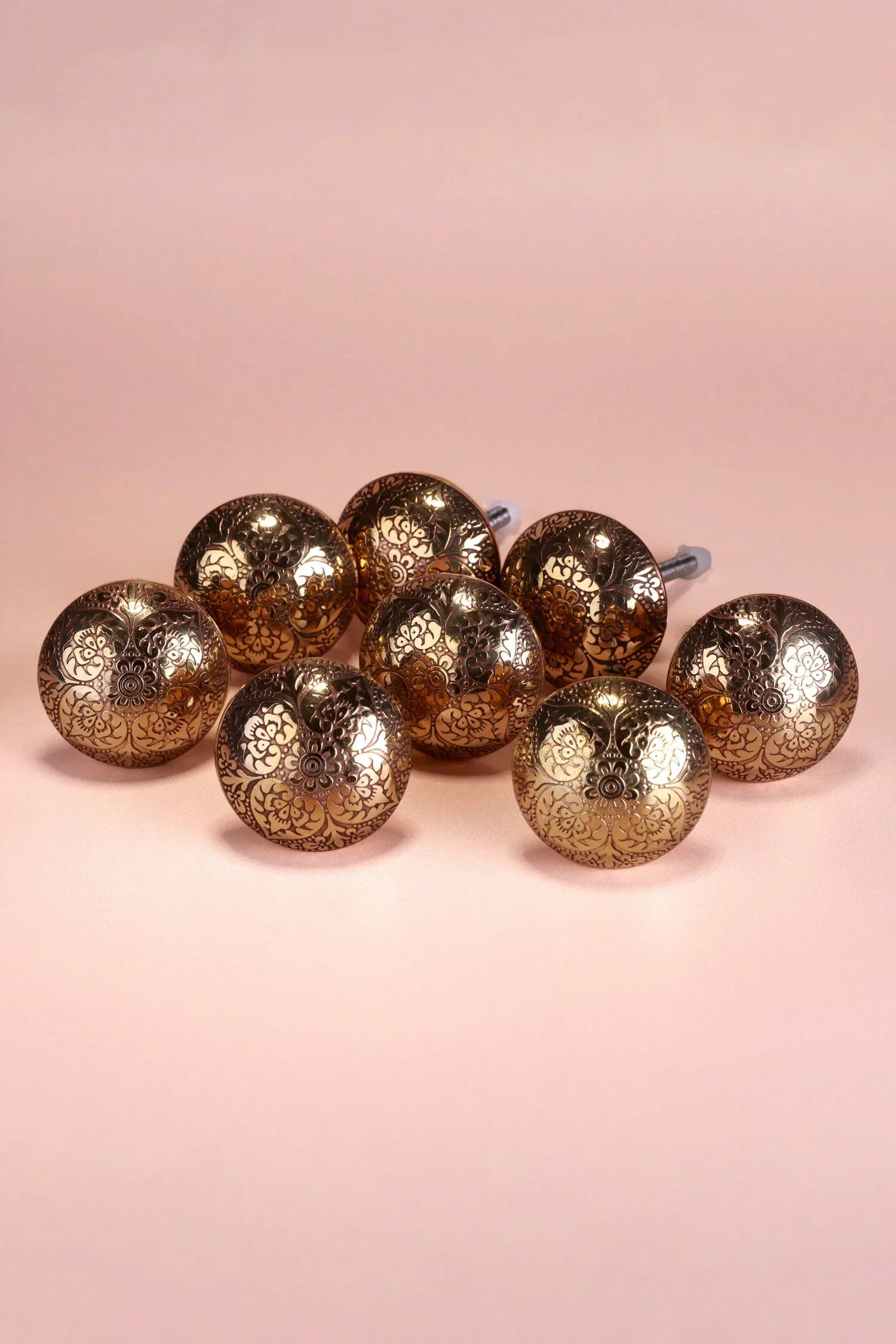 Mughal Floral Engraved Brass Cabinet Knobs Set of 8 — close-up view, G Decor