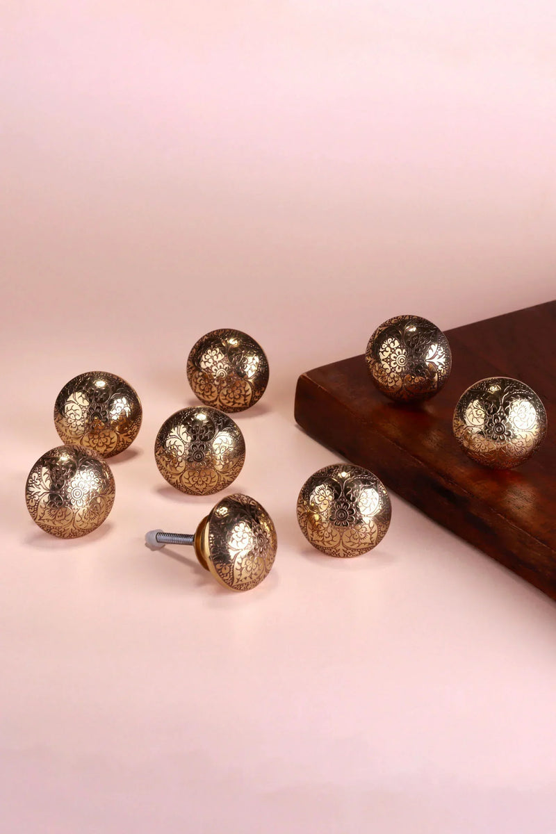 Mughal Floral Engraved Brass Cabinet Knobs Set of 8