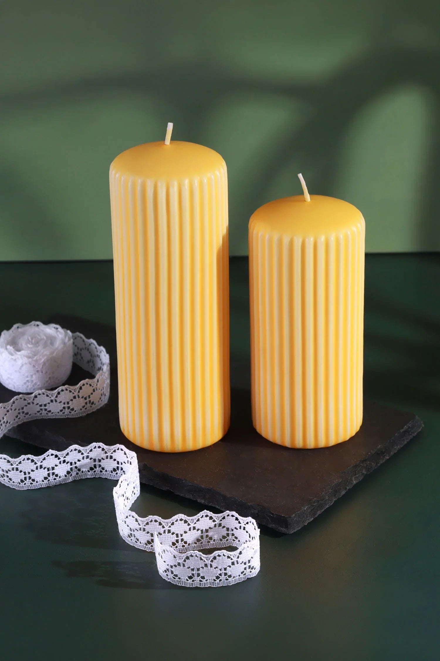 Velluto Ribbed Velvet Pillar Candle in Daffodil Yellow — alternate view, G Decor