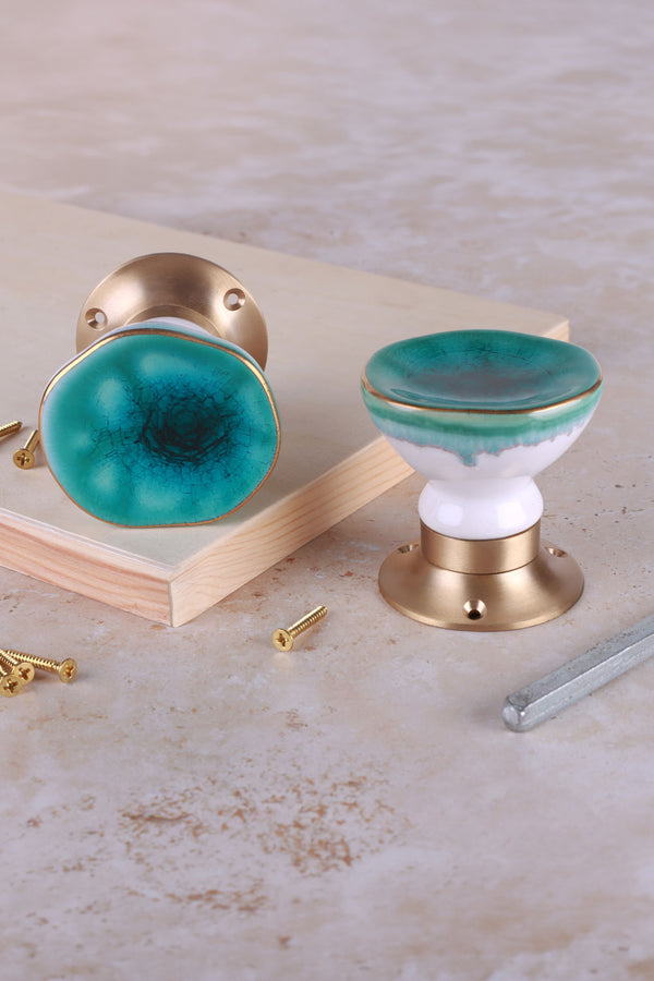 Rhodes Sea Blue Crackle Ceramic Mortice Door Knobs — Brass Base