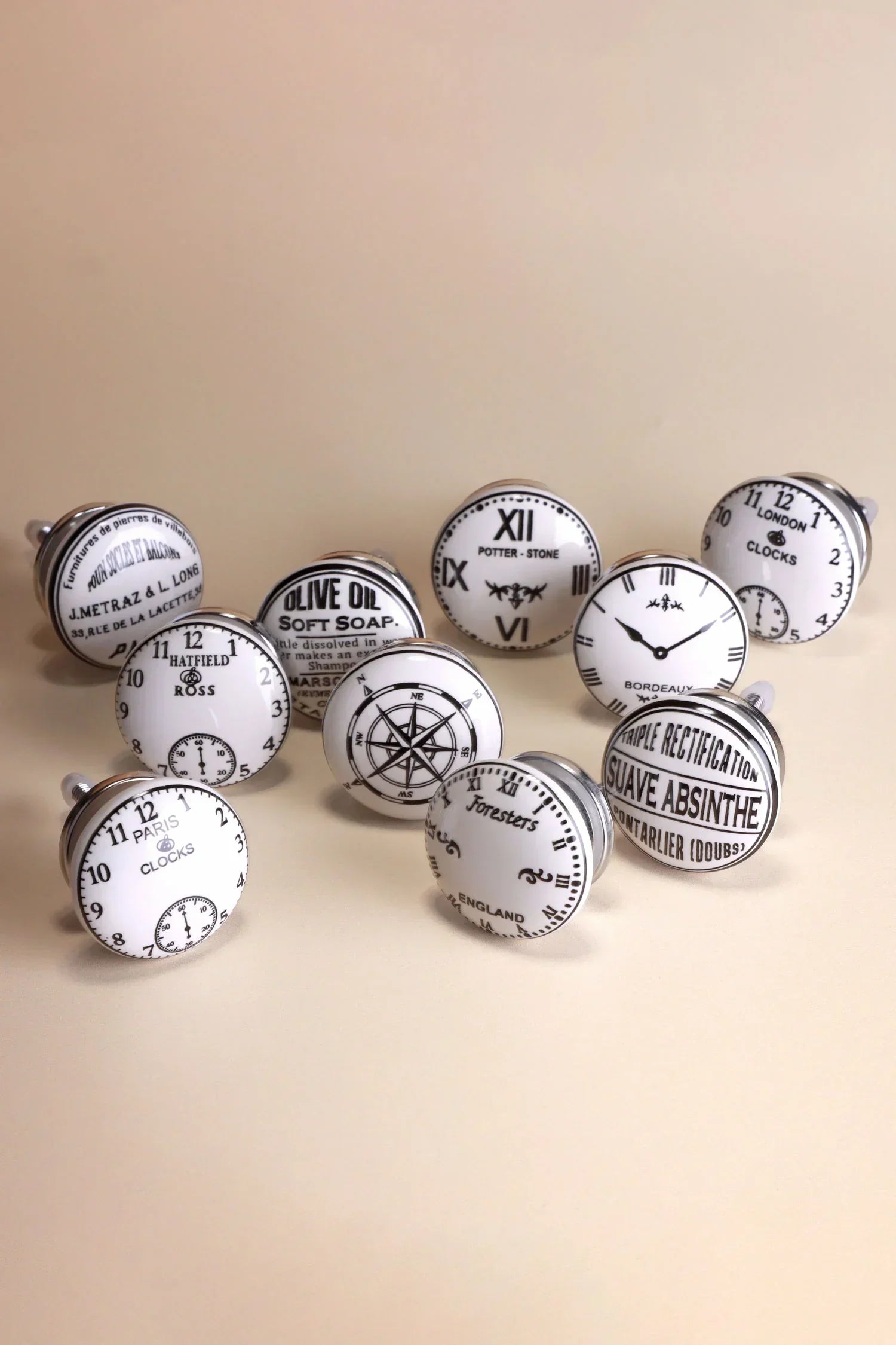 Time Clockmaker Collection Ceramic Cabinet Knobs Set of 10 — close-up view, G Decor