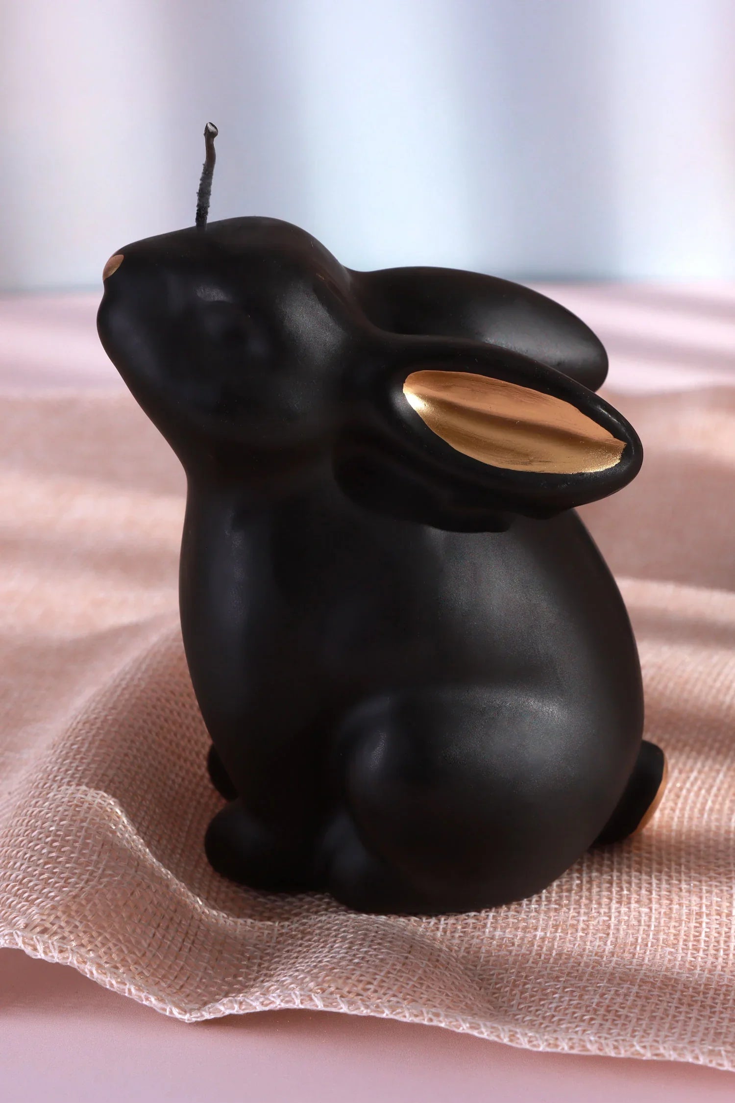 Black and Gold Velvet Hare and Bunny Sculptural Candle — close-up view, G Decor