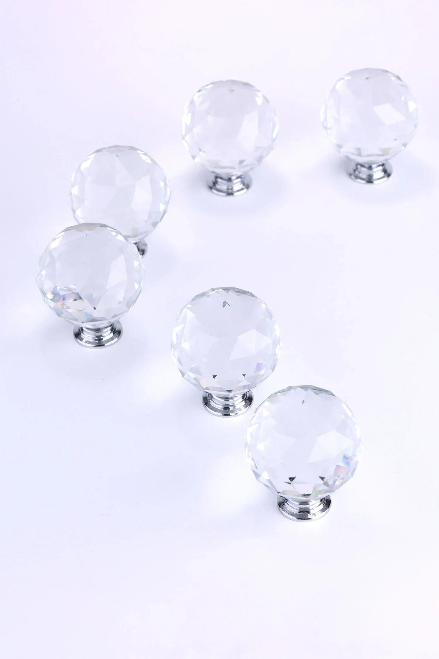 Round Diamond-Cut Crystal Glass Cabinet Knobs Set of 6 — close-up view, G Decor