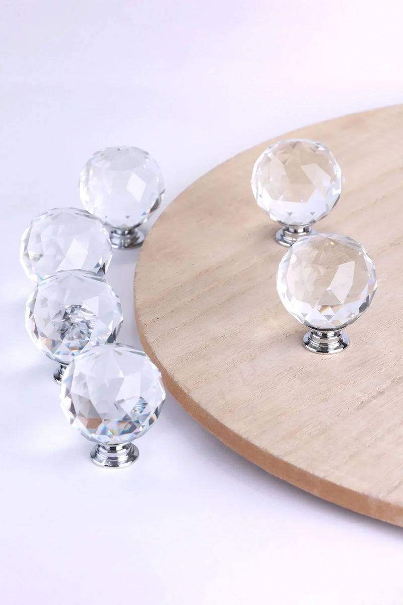 Round Diamond-Cut Crystal Glass Cabinet Knobs Set of 6