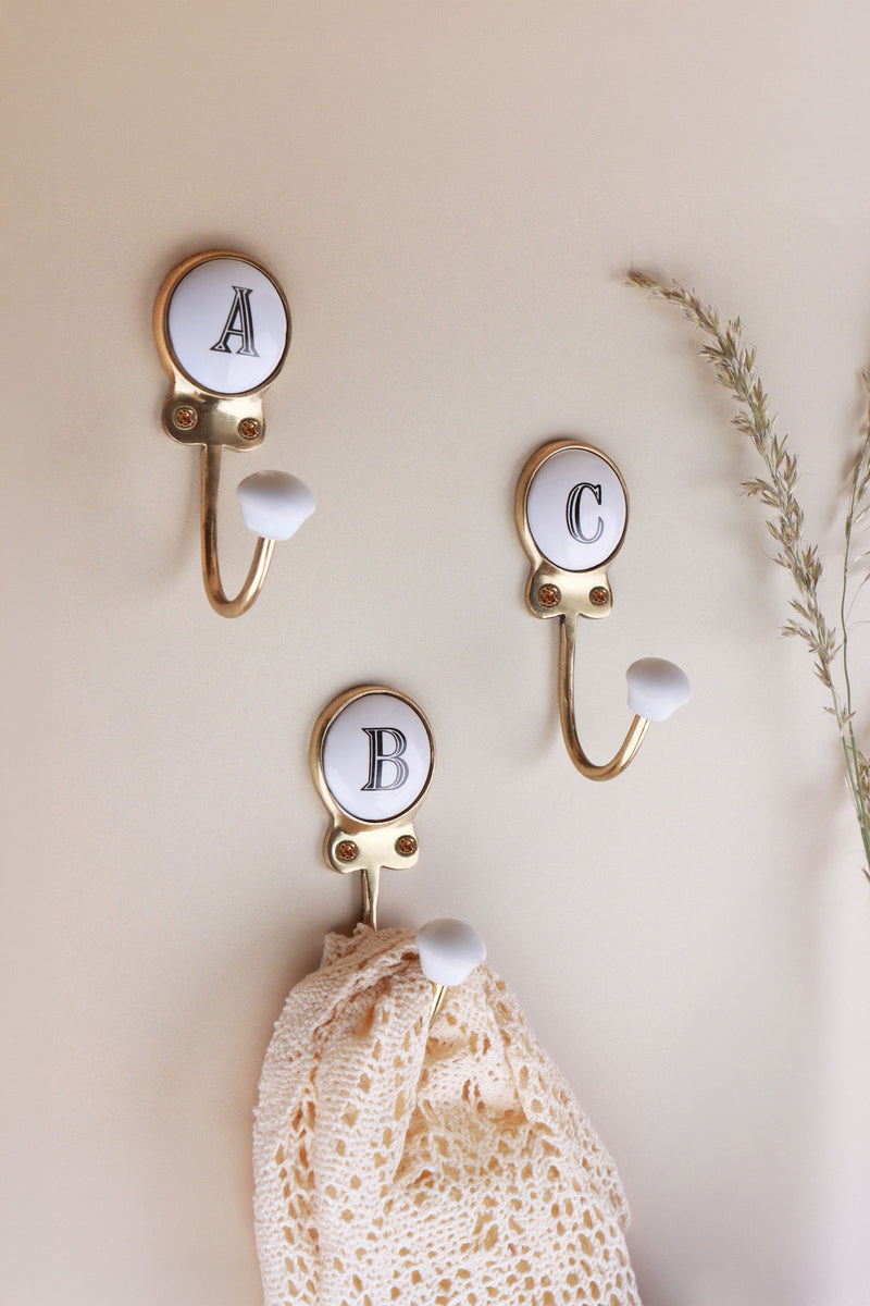 White Ceramic Initial Coat Hook, A to Z