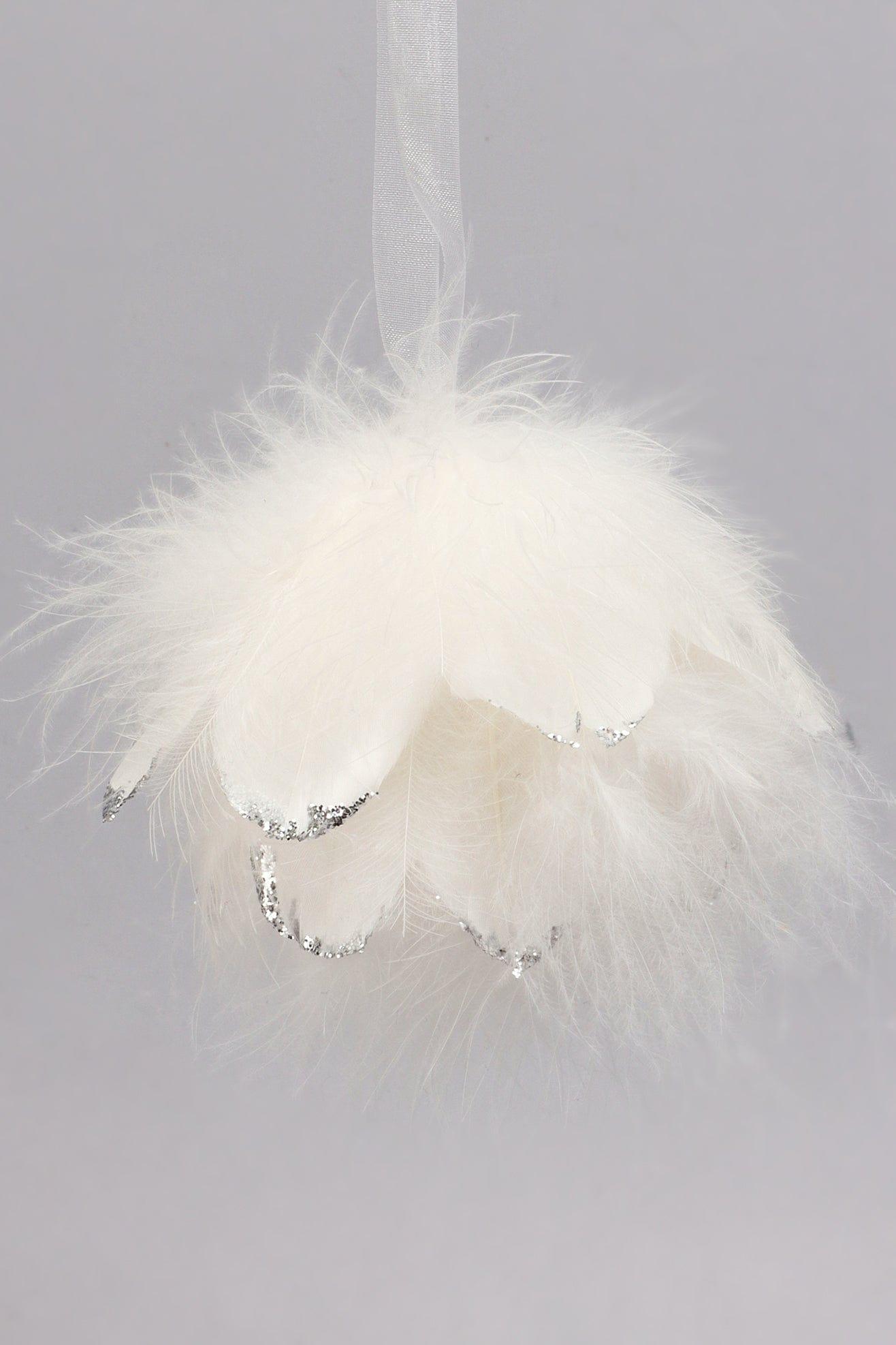 White Feather Christmas Tree Bauble with Silver Glitter Tips Fluffy Hanging Ornament - G Decor