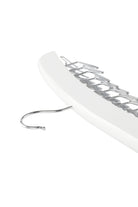 Close-up of the wire tie hooks and the metal hook on the white wooden tie hanger