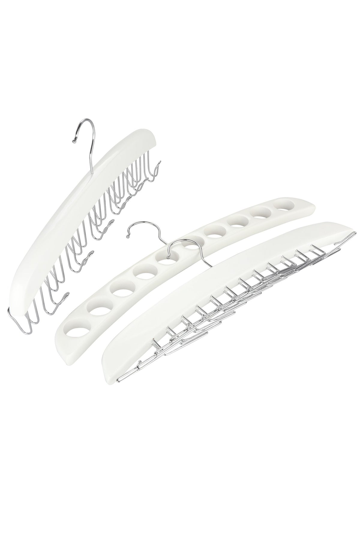 Set of three white wooden accessory hangers: a belt hanger, a scarf hanger with round holes and a tie hanger
