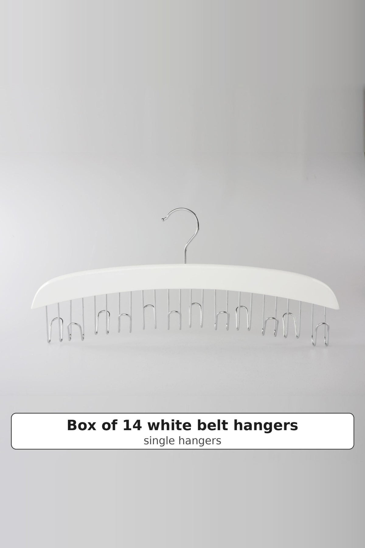 White wooden belt hanger with a row of metal hooks underneath, sold as a box of 14