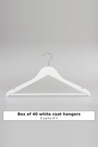 White wooden coat hanger with a trouser bar and strap notches, sold as a box of 40 (8 packs of 5)