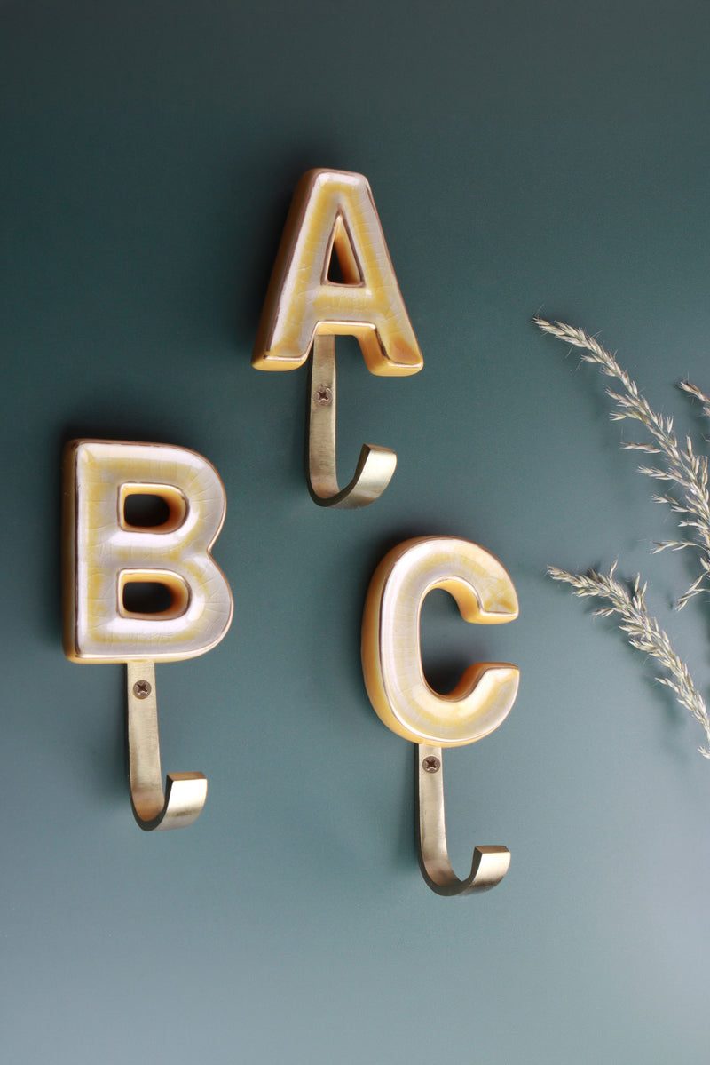 Yellow Ceramic Letter Hook, Initial Wall Hook A to Z or &, Gold Rim Alphabet Coat Hook