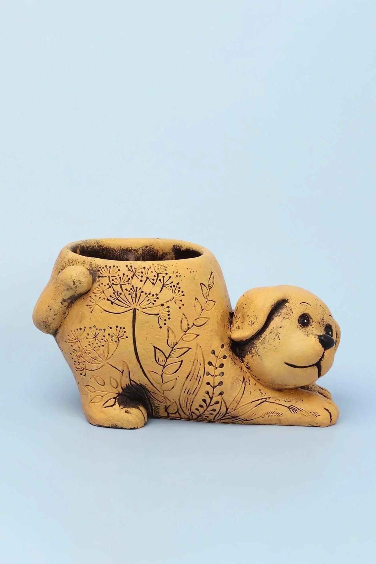 Hand-Finished Sculptural Cement Dog Planter — lifestyle view, G Decor